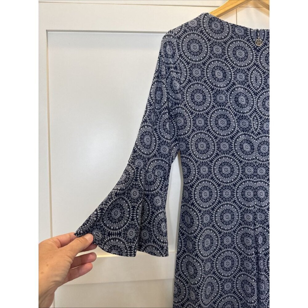 Tommy Hilfiger Navy Blue & White Medallion Print 3/4 Sleeve Back Zip Dress 10 - Picture 9 of 11